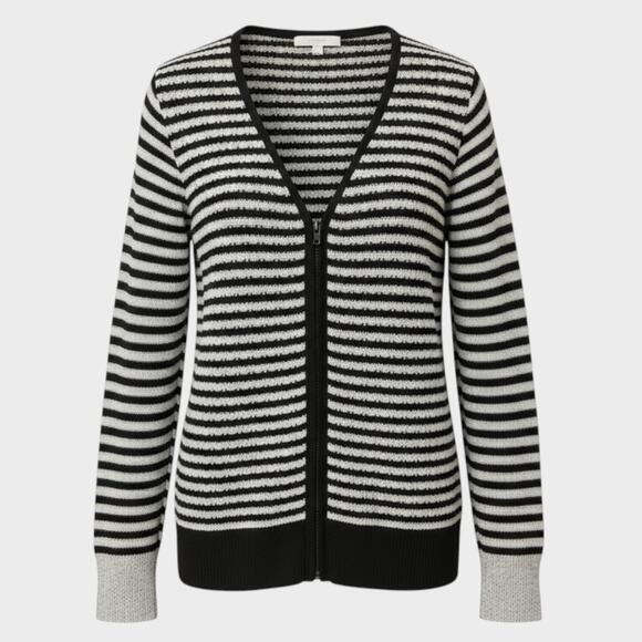 Ann Taylor LOFT Womens Cardigan Sweater V Neck Black Silver Stripe Medium - Picture 1 of 10